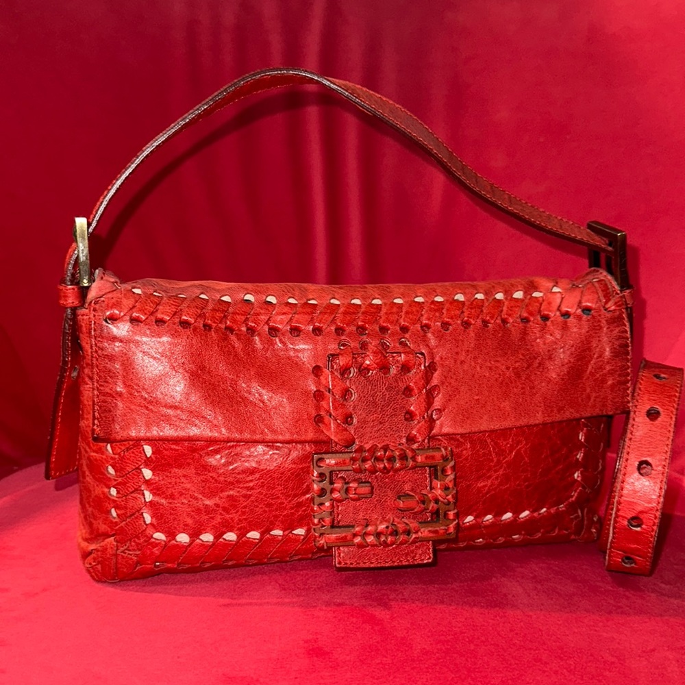 Fendi red leather whipstitch mama baguette shoulder crossbody convertible bag - Picture 2 of 16